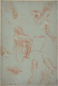 Ark med studier med figurer, hender og føtter