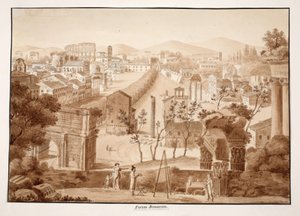 Forum Romanum, 1833 (etsing med brun vask) av Agostino Tofanelli