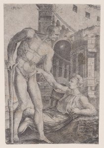 En mann som hjelper en annen på beina, ca. 1514-36. av Agostino Veneziano
