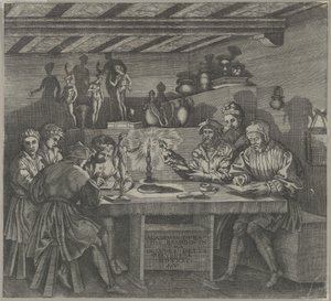 Baccio Bandinelli i studioet hans holder en statuett av Venus, studenter som skisserer fra en måned, 1531. av Agostino Veneziano