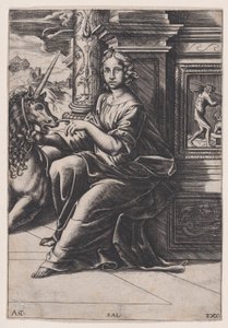 Kyskhet, en kvinne sittende, en enhjørning til høyre for henne, ca. 1515-30. av Agostino Veneziano
