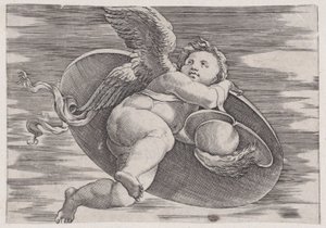 Eros stjeler mannens skjold, ca. 1514-36. av Agostino Veneziano