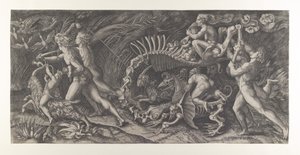 Lo Stregozzo: en kvinnelig heks som rir på et dyreskjelett, innledet av to menn og ..., ca. 1515-25.