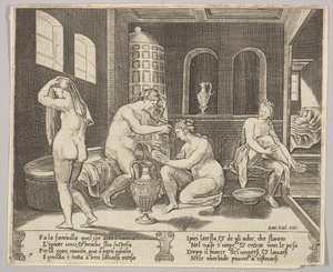 Plate 7: Psyche deltatt i badet hennes av nymfer, i bakgrunnen til høyre Psyche repr..., ca. 1520-36.