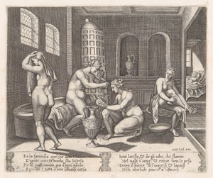 Plate 7: Psyche deltok i badet hennes, fra historien om Cupid og Psyche som fortalt av Apu..., 1530-60. av Agostino Veneziano