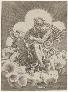 St. Matteus, sittende på en sky og dyppe en fjærpenn i et blekkhus holdt av en engel..., ca. 1518-20.