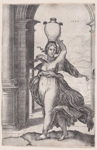Kvinne som bærer en vase på hodet, datert 1528., datert 1528. av Agostino Veneziano
