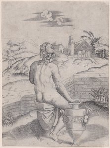 Kvinne som sitter nær en vase, ca. 1514-36. av Agostino Veneziano