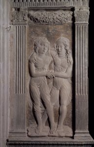 Tvillingene representert av tvillingene, fra en serie relieffer som viser planetens symboler og stjernetegn, ca. 1450 (gips)