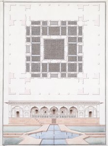 Forhøyning av sørfronten og hagepalasset til Suraj Bhawan ved Dig, ca. 1830 (blyant, penn og grått blekk og akvarell)