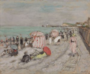 På stranden (olje på papir lagt ned på bord)