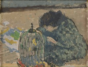 Kvinne med kanarifugl, ca. 1892–94 (olje på kort)
