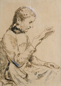 Reading Girl (penn og blekk på papir) av Albert Anker