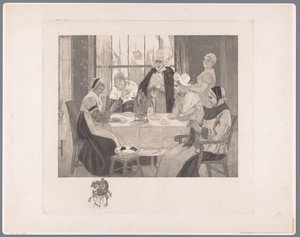 Selskap av kvinner i tradisjonell drakt ved bordet skandale av Albert Bertrand (attributed to)