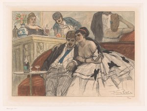 Mann og kvinne sitter på en rød sofa i baren på et teater Le gandin ivre av Albert Bertrand (attributed to)