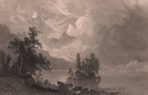 Utsikt over Lake Esther, Sierra Nevada, California, USA, stålgravering av Robert Hinshelwood (1812-etter 1875) etter maleri av Albert Bierstadt (1830-1902), ca. 19x14 cm av Albert Bierstadt