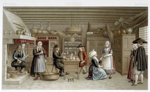Bretonske kostymer og interiør fra 1800-tallet - i "" Le costume ancien et historique"" av Racinet av Albert Charles August Racinet