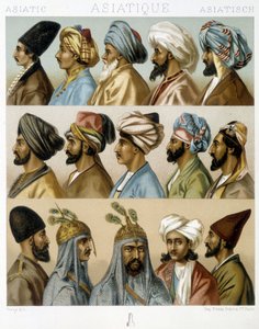 Asiatiske mannlige frisyrer - i "" Den historiske kostymen"" av Racinet, sent på 1800-tallet