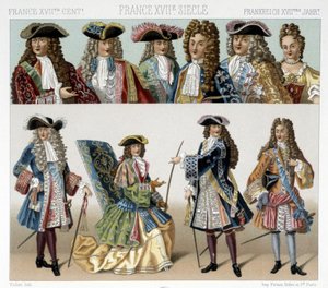 Kostymer og frisyrer fra den franske adelen på 1700-tallet. Illustrasjon i "" Le costume historique"" av Racinet