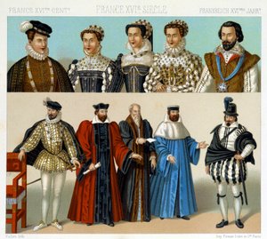 Kostymer til adelsmenn og sorenskrivere i Frankrike på 1600-tallet. Kromolitografisk plate - i "" Le costume historique"" av Racinet