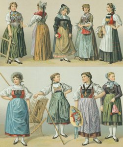 Costumes of the Cantons, illustrasjon fra The Complete Costume History av Racinet Auguste av Albert Charles August Racinet