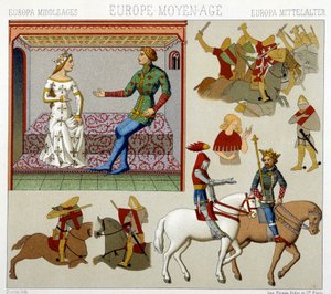 Middelalderens kostymer i Frankrike. Kromolitografisk plate - i "" Le costume historique"" av Racinet av Albert Charles August Racinet