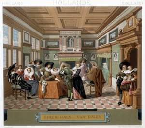 Nederlandsk i kostymer og i interiør fra 1700-tallet. Illustrasjon i "" Le costume historique"" av Racinet av Albert Charles August Racinet