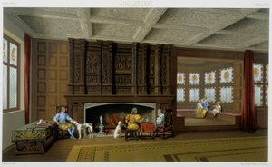 Engelsk lord og hans familie i hans hjem fra 1600-tallet. Kromolitografisk plate - i "" Le costume historique"" av Racinet av Albert Charles August Racinet