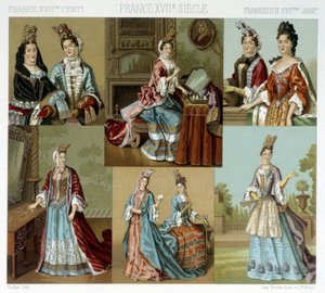 Mote og frisør i Frankrike på 1700-tallet - i "" Le costume historique"" av Racinet, sent på 1800-tallet av Albert Charles August Racinet