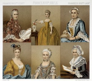 Fransk feminin mote på 1700-tallet. Illustrasjon i "" Le costume historique"" av Racinet av Albert Charles August Racinet