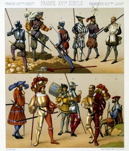 Franske militærdrakter på 1500-tallet. Kromolitografisk plate - i "" Le costume historique"" av Racinet av Albert Charles August Racinet