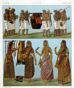 Begravelse (øverst på bildet) og klesvask (nederst på bildet) i India. Illustrasjon i "" Le costume historique"" av Racinet av Albert Charles August Racinet