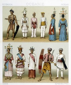 Innbyggere på Celebes-øyene i Indonesia. Illustrasjon i "" Le costume historique"" av Racinet av Albert Charles August Racinet