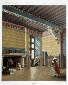 Interiør av en staselig bolig i middelalderen - i "" Den historiske drakten"" av Racinet av Albert Charles August Racinet