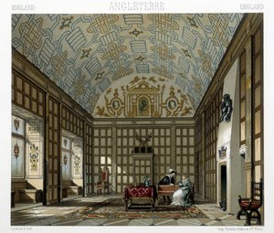 Interiør i et staselig hus i England på 1600-tallet. Illustrasjon i "" Le costume historique"" av Racinet av Albert Charles August Racinet