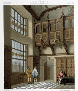 Interiør i et staselig hus i England på 1700-tallet. Illustrasjon i "" Le costume historique"" av Racinet av Albert Charles August Racinet