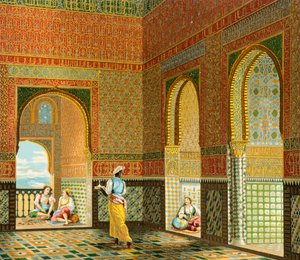 Interiør i en velstående maurers bolig, illustrasjon fra komplett kostymehistorie av Auguste Racinet av Albert Charles August Racinet