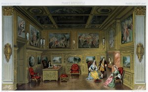 Menn og kvinner i et rikt 1700-tallshjem. Illustrasjon i "" Le costume historique"" av Racinet av Albert Charles August Racinet