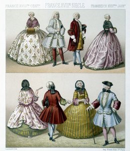 Menn og kvinner i moteriktige 1700-tallskostymer i Frankrike. Illustrasjon i "" Le costume historique"" av Racinet av Albert Charles August Racinet