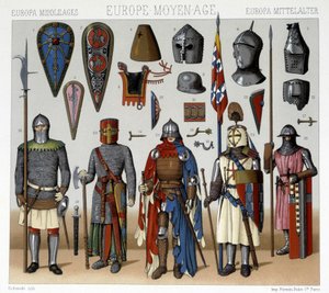 Militære drakter og hjelmer i Frankrike fra 1200- til 1400-tallet. Illustrasjon i "" Le costume historique"" av Racinet av Albert Charles August Racinet