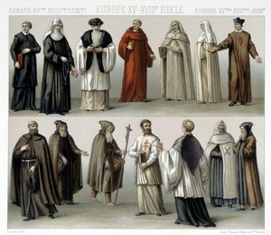 Monastiske drakter i Europa fra 1400- til 1700-tallet. Illustrasjon i "" Le costume historique"" av Racinet