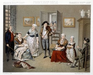 Musikere som spiller inntrengingen for en familie inne i et hus. Illustrasjon i "" Le costume historique"" av Racinet av Albert Charles August Racinet