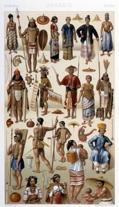 Folk i Malaysia og Polynesia (Oceania). Illustrasjon i "" Le costume historique"" av Racinet av Albert Charles August Racinet