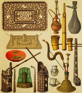 Pipe og gjenstander brukt av røykere, litografi av Schmidt fra The Complete Costume History, første bind, av Auguste Racinet (1825-1893), Paris av Albert Charles August Racinet