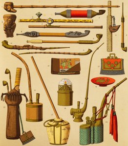 Pipe og gjenstander brukt av røykere, litografi av Schmidt fra The Complete Costume History, første bind, av Auguste Racinet (1825-1893), Paris av Albert Charles August Racinet