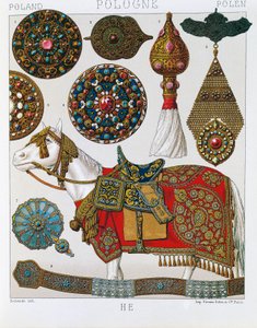 Polske ornamenter, hestehusarer, litografi hentet fra Schmidts Costume historique, bind V av Albert Charles August Racinet