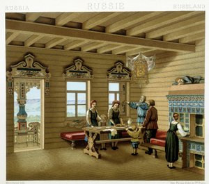 Russisk familie i en typisk bolig i Russland på 1800-tallet. Kromolitografisk plate - i "" Le costume historique"" av Racinet av Albert Charles August Racinet