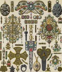 Smykker fra det syttende århundre, litografi av Schmidt publisert i Le costume historique, bind V av Albert Charles August Racinet