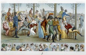 Borgerskapet går til Longchamp, deb. 1800-tallet - i "" Le costume historique"" av Racinet av Albert Charles August Racinet