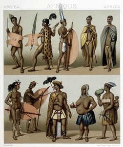 Tradisjonell Cafrerie-drakt (Meridional del av Afrika). Illustrasjon i "" Le costume historique"" av Racinet av Albert Charles August Racinet